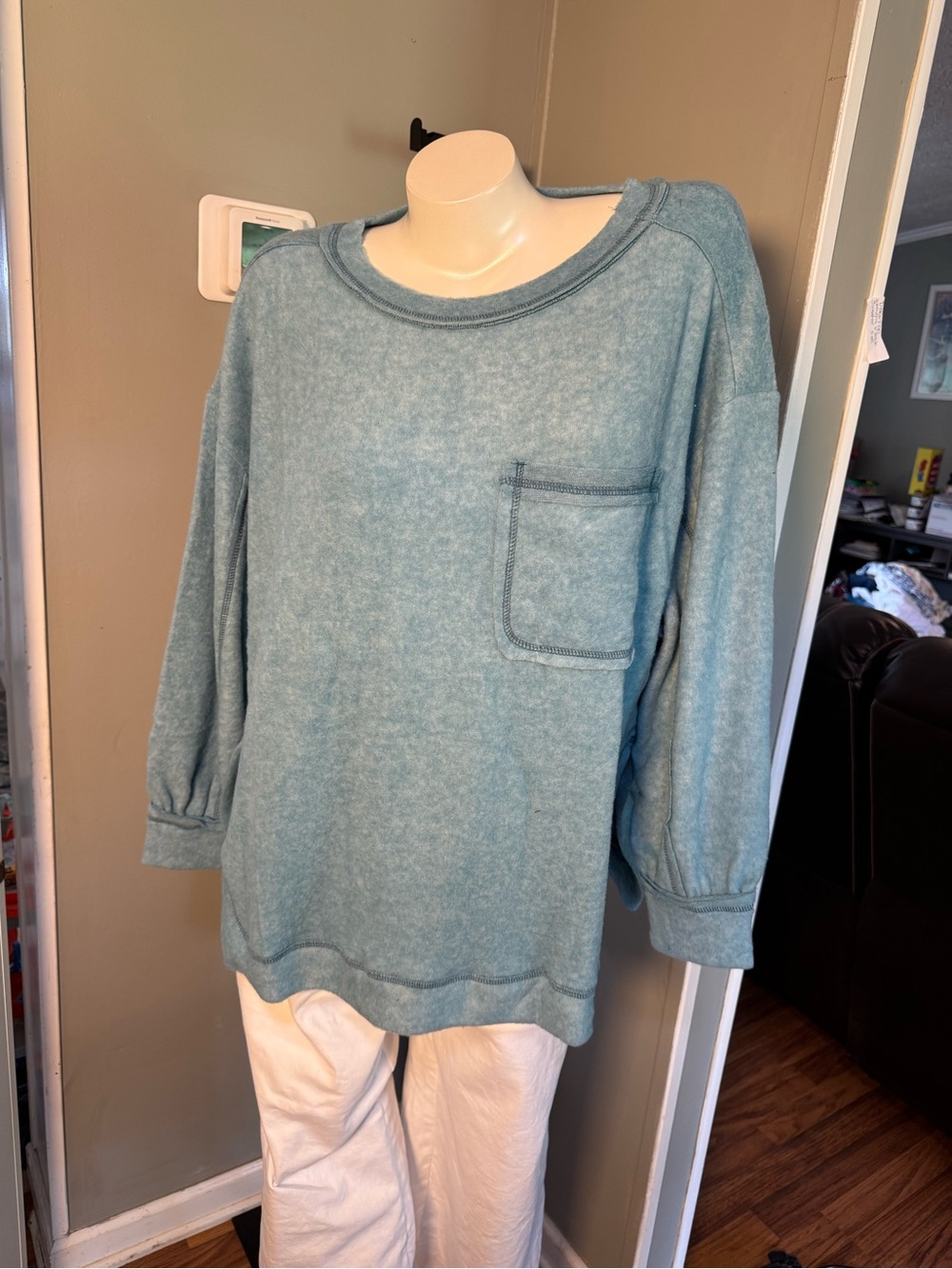 NWOT Zenana Plus Double Brushed Hacci in Dusty Teal Women's Pocket Pullover Top